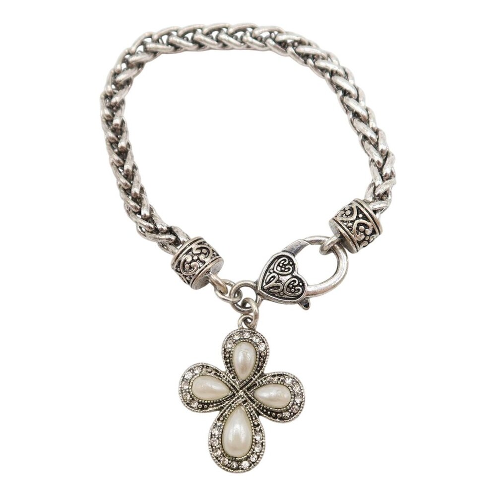 Byzantine Style Silver Tone Faux Pearl Rhinestone Cross Charm Chain Bracelet - Picture 1 of 7